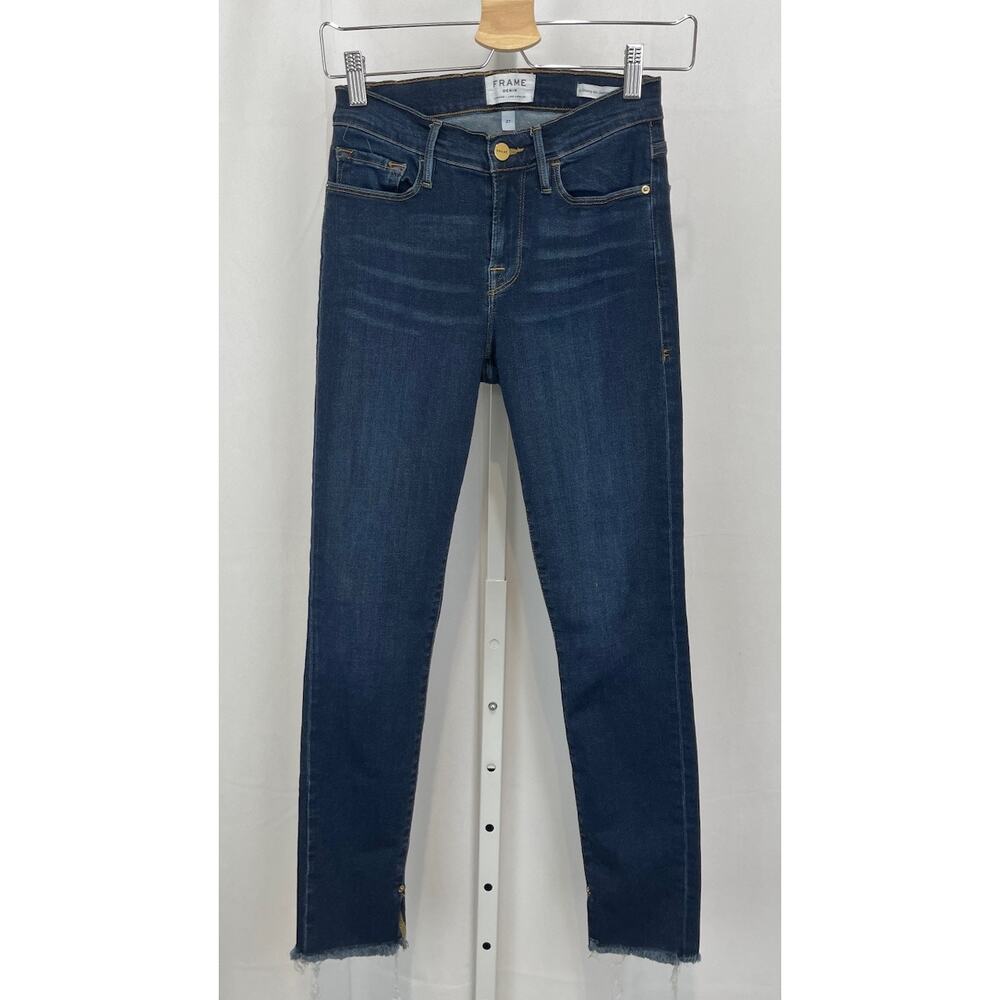FRAME Le Skinny de Jeanne Crop Jeans Upton Wash Fray Hem Zip Fly Blue Size 27